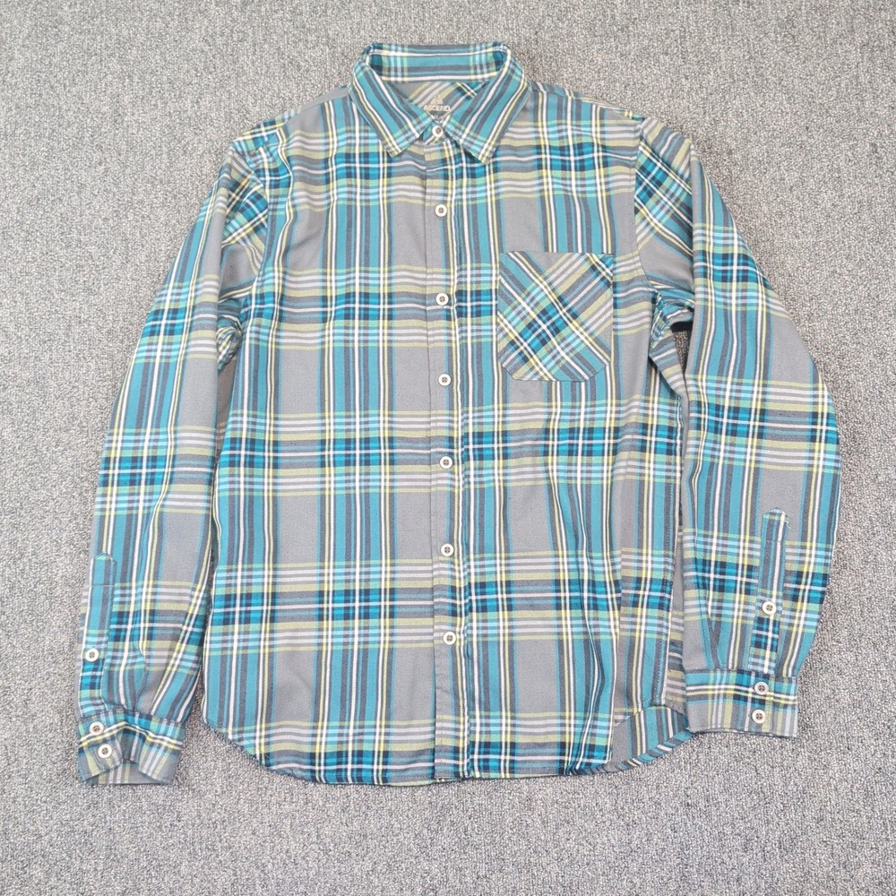 Ascend Gorpcore Plaid Button Down Shirt Medium Teal Grey Hiking Outdoor Trail